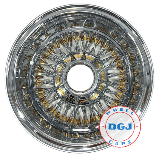 Lowrider Wire Wheels DGJ Wheel Caps Zenith Style 14x7 Rev 72 Cross Lace Gold Nipples & Hub Ring Lowrider Wire Wheels