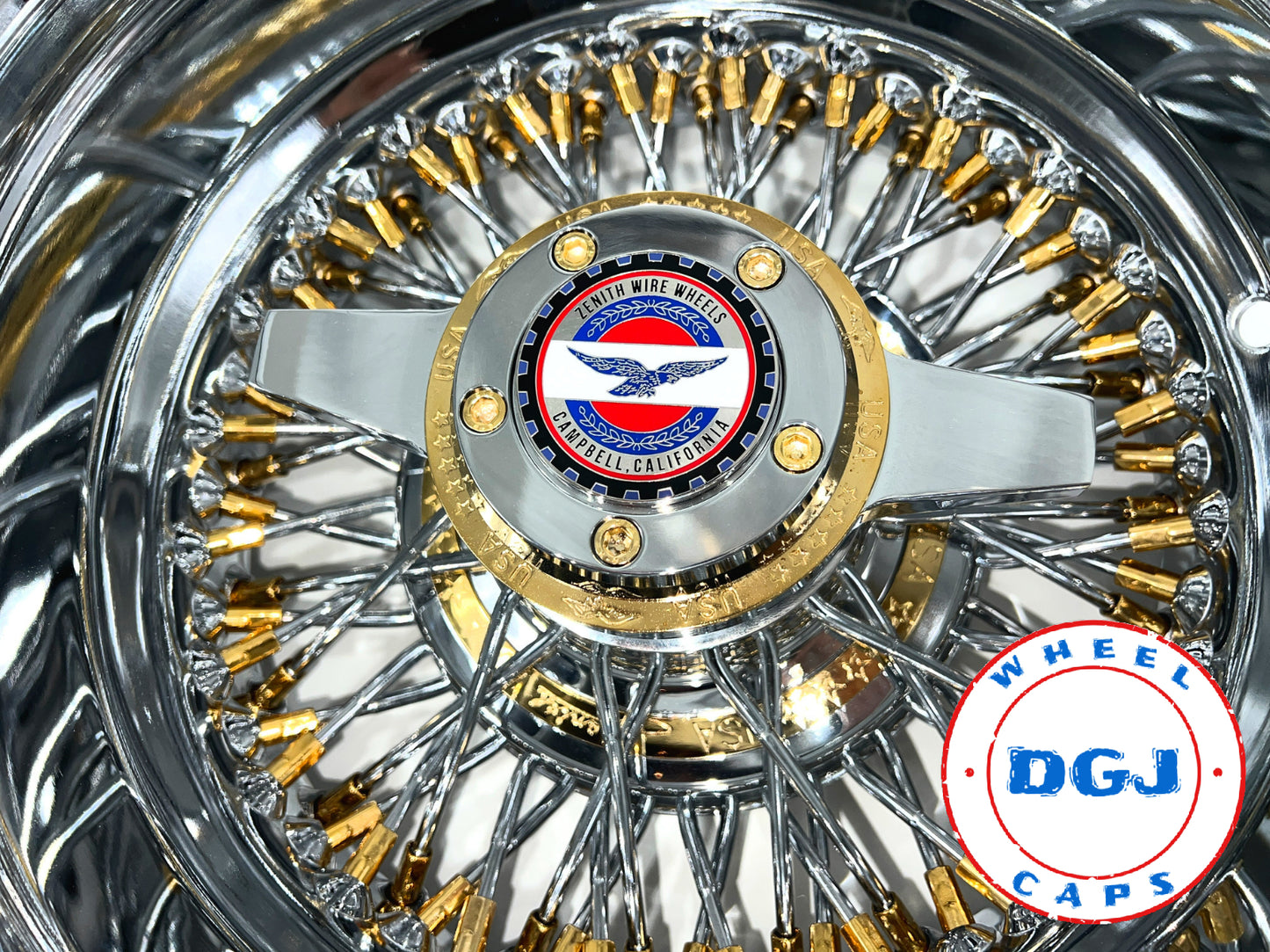 Lowrider Wire Wheels DGJ Wheel Caps Zenith Style 13x7 Rev 72 Cross Lace Gold Nipples & Hub Ring Lowrider Wire Wheels