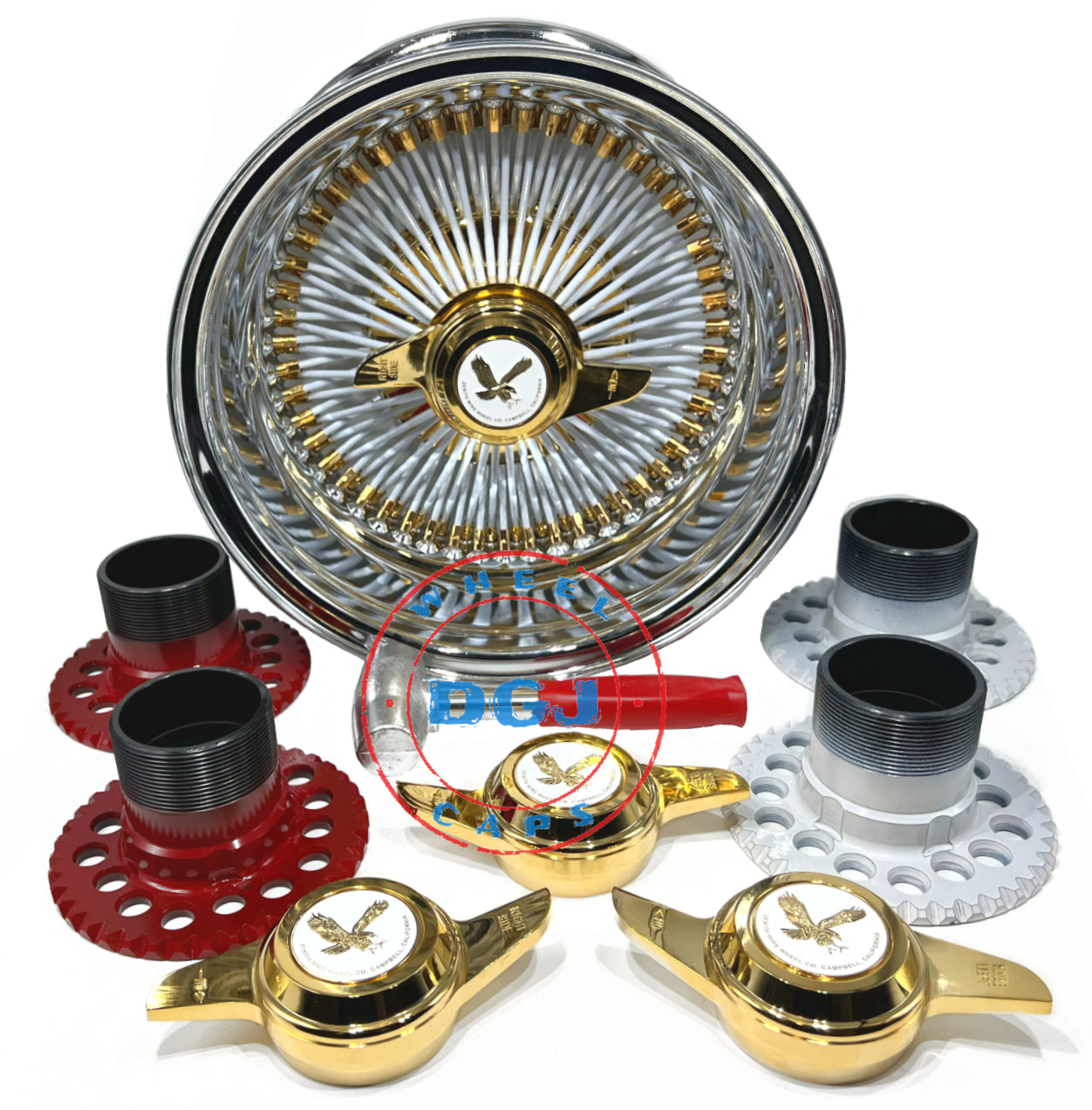 Lowrider Wire Wheels DGJ Wheel Caps 14x7 Rev 100 Spokes Gold Nipples/Hub & White Spokes Lowrider Wire Wheel Rims