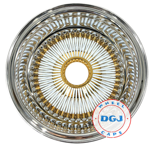 Lowrider Wire Wheels DGJ Wheel Caps 14x7 Rev 100 Spokes Gold Nipples/Hub & White Spokes Lowrider Wire Wheel Rims