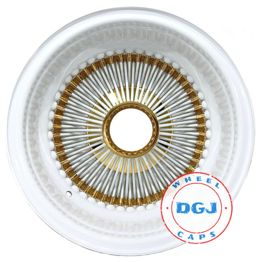 Lowrider Wire Wheels DGJ Wheel Caps 14x7 Rev 100 Spoke Gold Nip/Hub & White Spokes/Dish Lowrider Wire Wheel Rims