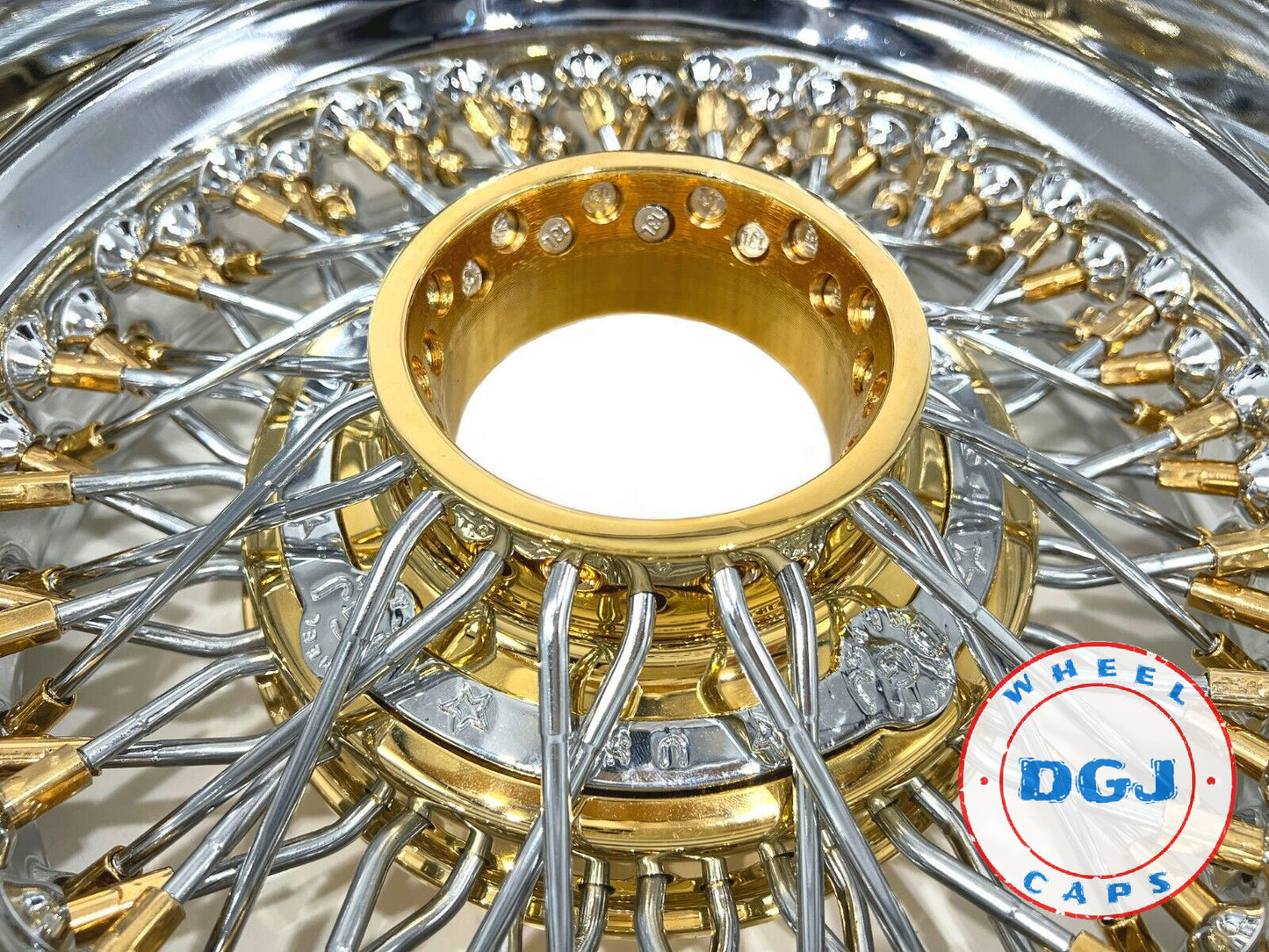 Lowrider Wire Wheels DGJ Wheel Caps DGJ WHEEL 13x7 Rev 72 Cross Lace Gold Nipples & Hub Lowrider Wire Wheels