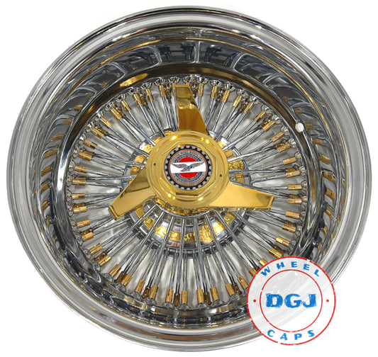 Lowrider Wire Wheels DGJ Wheel Caps DGJ WHEEL 13x7 Rev 72 Straight Gold Nipples & Hub Ring Lowrider Rims USA Made