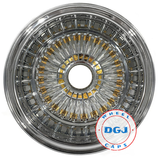 Lowrider Wire Wheels DGJ Wheel Caps DGJ WHEEL 13x7 Rev 72 Straight Gold Nipples & Hub Ring Lowrider Rims USA Made