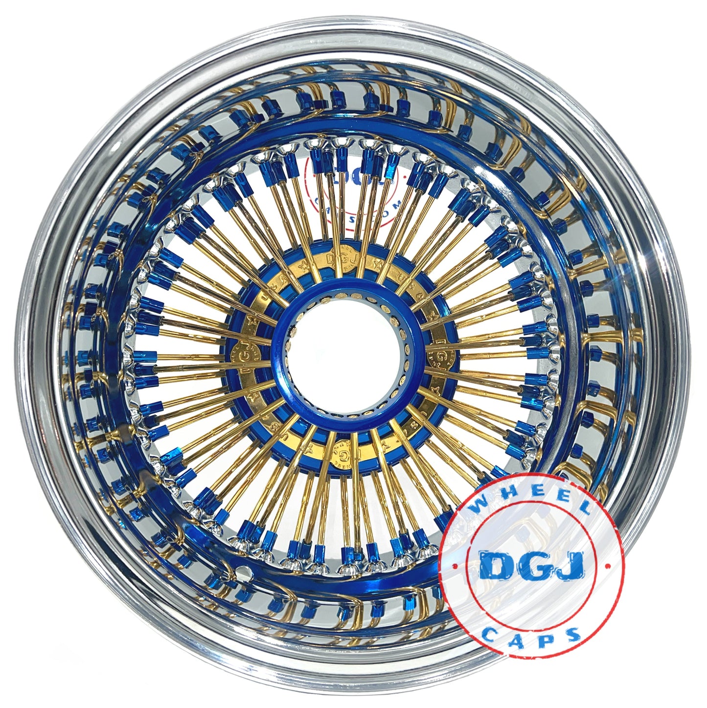 DGJ WHEELS 13x7 Rev 72 Straight Lace Candy Blue & Gold Lowrider Wire Wheel Rims