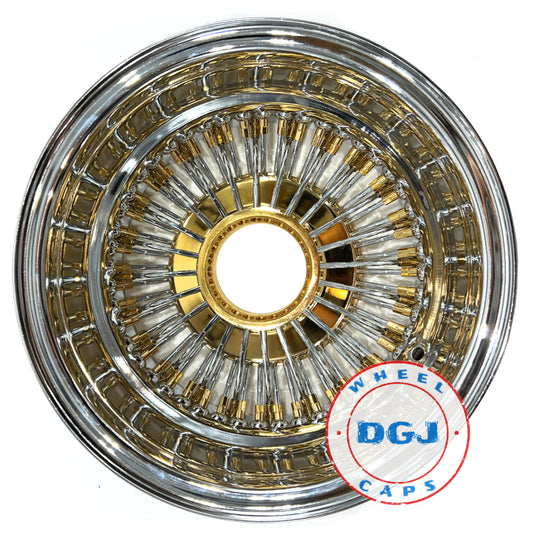 Lowrider Wire Wheels DGJ Wheel Caps 13x7 Rev 72 Spoke Straight Lace Gold Nip/Hub & Knockoff Lowrider Wire Wheel Rims