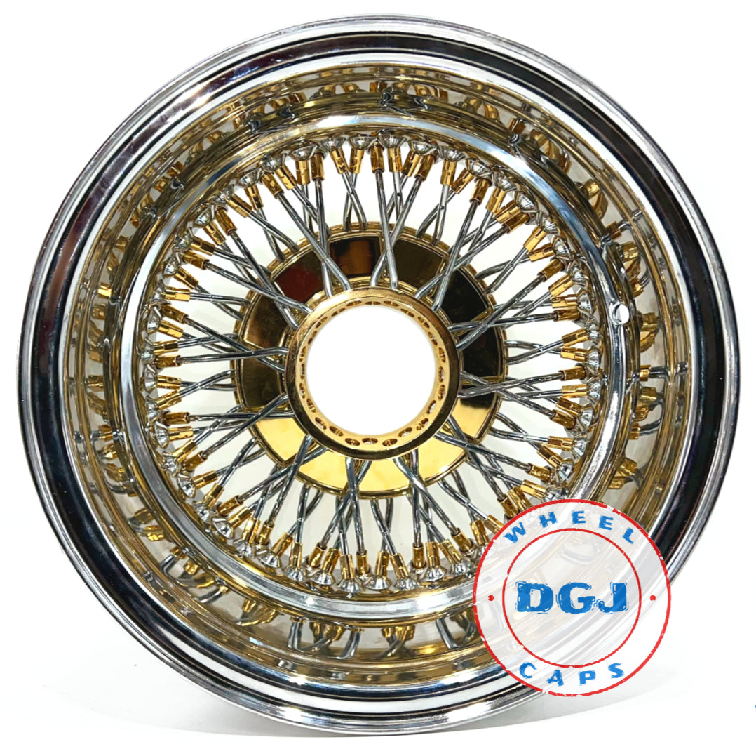 Lowrider Wire Wheels DGJ Wheel Caps 13x7 Rev 72 Spoke Cross Lace Gold Nipple, Hub& Knockoff Lowrider Wire Wheel Rims