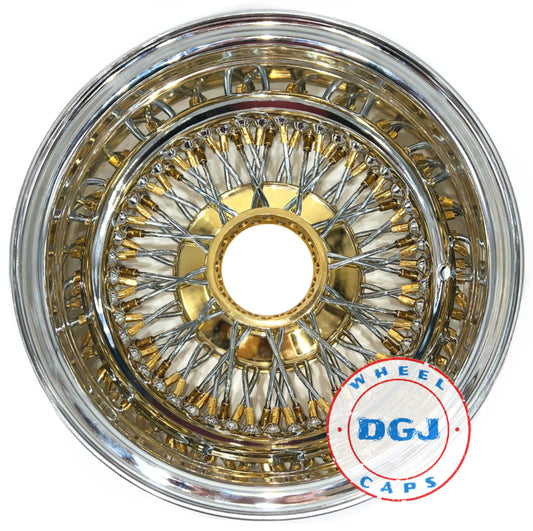Lowrider Wire Wheels DGJ Wheel Caps 13x7 Rev 72 Spoke Cross Lace Gold Nipple, Hub& Knockoff Lowrider Wire Wheel Rims