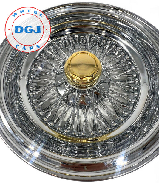 Lowrider Wire Wheels DGJ Wheel Caps 14x6 Rev 72 Spoke Cross Lace All Chrome w/Gold Knockoff Lowrider Wire Wheel Rims