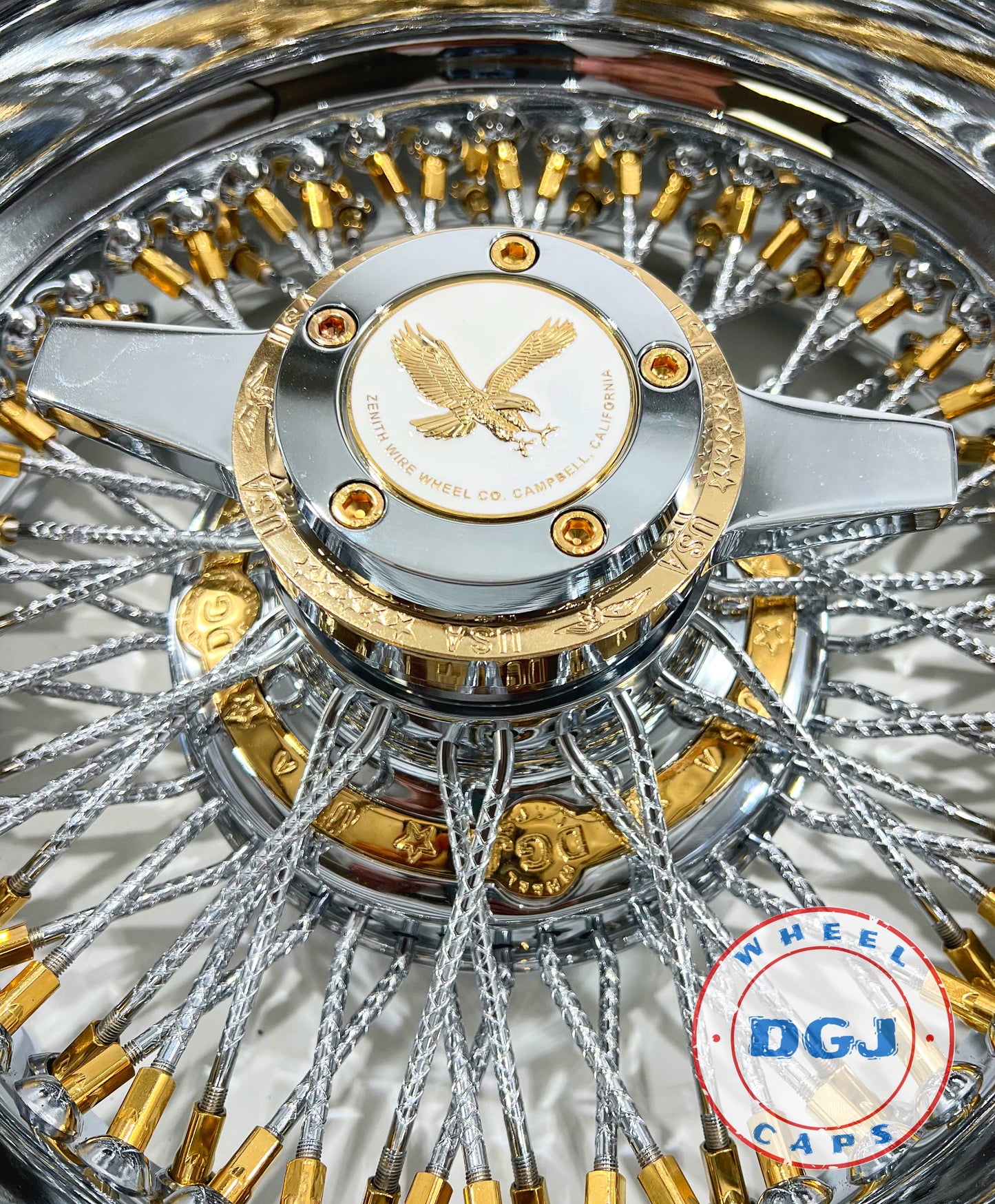 DGJ WHEELS 14x7 Rev 72 Diamond Spokes Gold Nip+Hub Ring Lowrider Wire Wheels