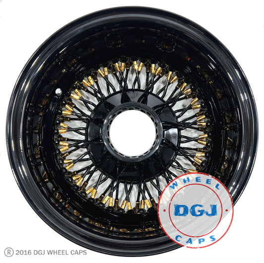 Lowrider Wire Wheels DGJ Wheel Caps 14x7 Rev 72 CL Black w/ Gold Nipples + Zenith Locking Lowrider Rims USA Made