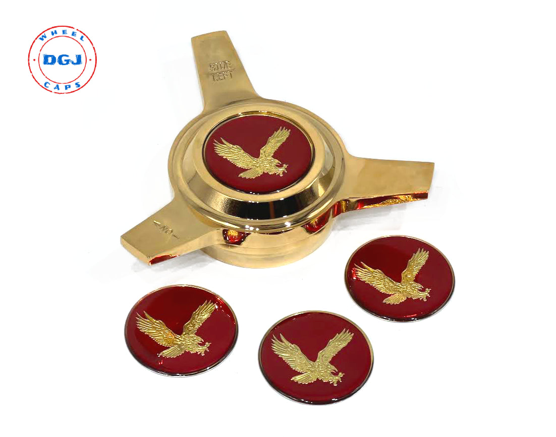 Red on Gold Plastic Eagle Lowrider Wire Wheel Chips Emblems Size 2.25