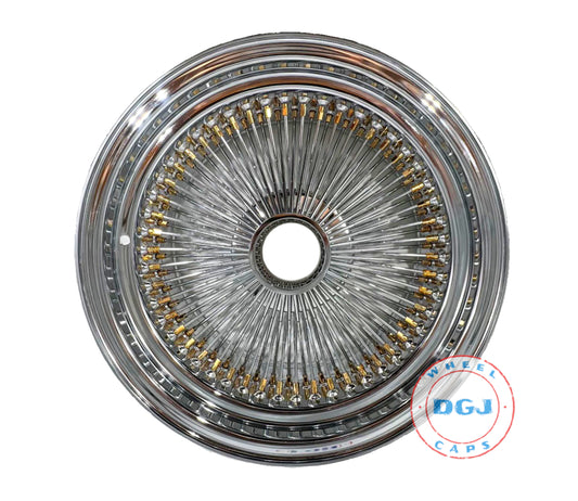 Lowrider Wire Wheels DGJ Wheel Caps 18x8 Standard 100 Spokes Gold Nipples & Knockoffs Lowrider Wire Wheel Rims