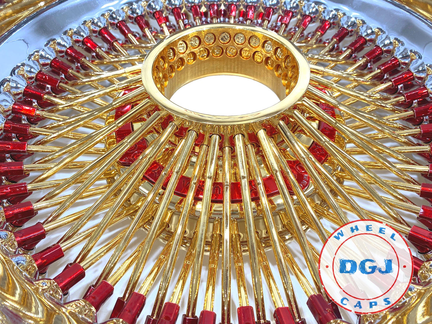 DGJ WHEELS 13x7 Rev 100 Spokes Candy Red & Gold Lowrider Wire Wheel Rims