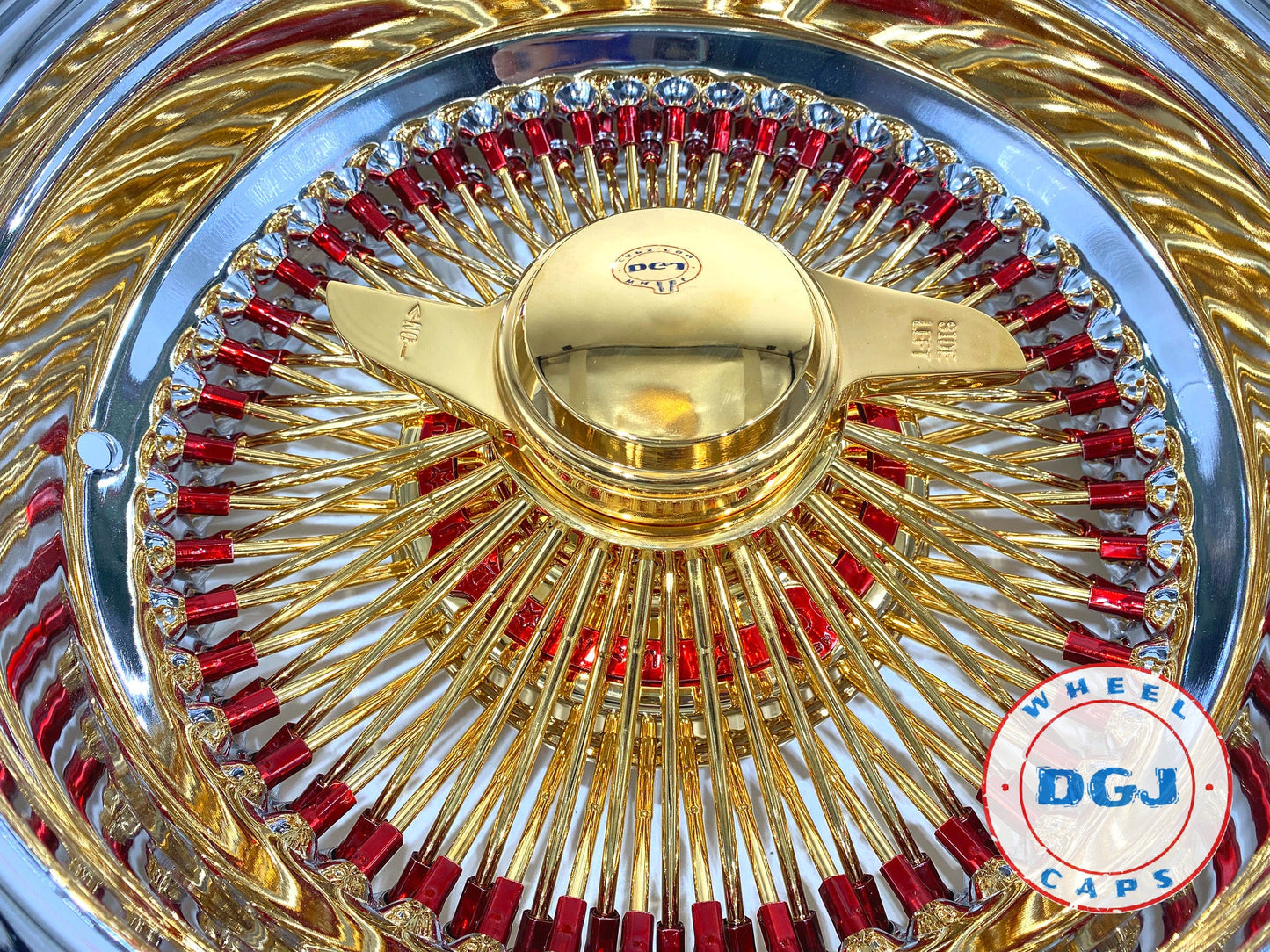 DGJ WHEELS 13x7 Rev 100 Spokes Candy Red & Gold Lowrider Wire Wheel Rims