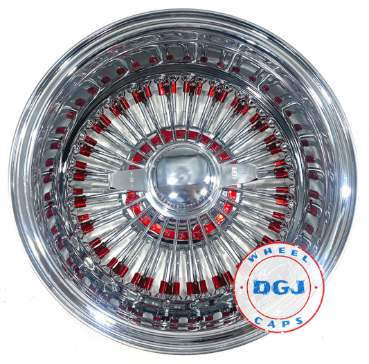 Lowrider Wire Wheels DGJ Wheel Caps DGJ 14x7 Rev 72 Straight Lace Candy Red Nip & Hub Ring Lowrider Wire Wheel Rims