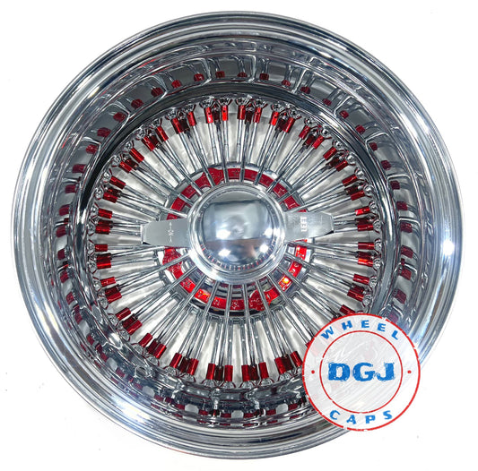 Lowrider Wire Wheels DGJ Wheel Caps DGJ 13x7 Rev 72 Straight Lace Candy Red Nip & Hub Ring Lowrider Wire Wheel Rims