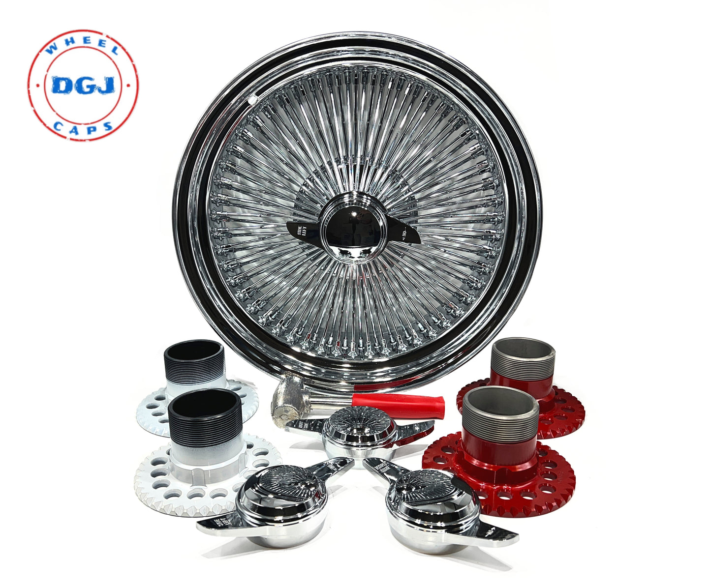 Lowrider Wire Wheels DGJ Wheel Caps 15x7 Standard 100 Spokes All Chrome Lowrider Wire Wheel Rims