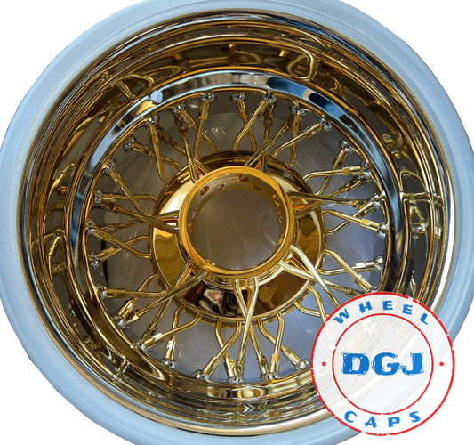 Lowrider Wire Wheels DGJ Wheel Caps 13x7 Reverse 42 Spokes Cross Lace Center Gold Lowrider Wire Wheel Rims