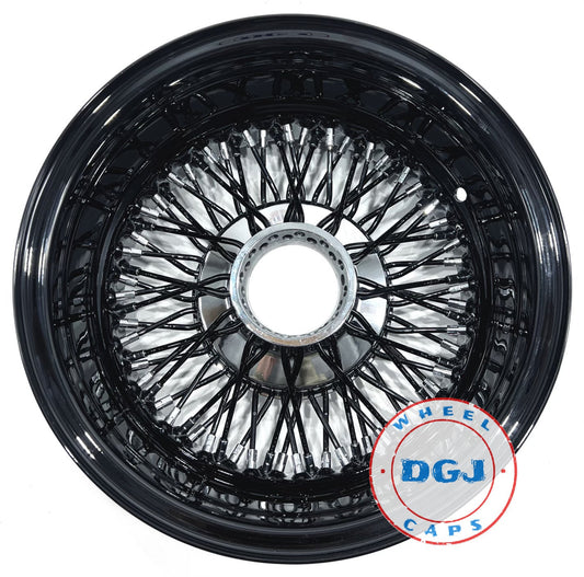 Lowrider Wire Wheels DGJ Wheel Caps 13x7 Rev 72 Cross Lace All Black + Chrome Nip & Hub Lowrider Wire Wheel Rims