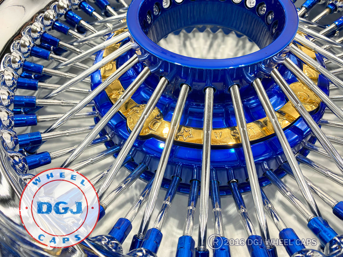 Lowrider Wire Wheels DGJ Wheel Caps DGJ 13x7 Rev 72 Straight Candy Blue Nip+Hub & Gold Hub Ring Lowrider Wire Wheels