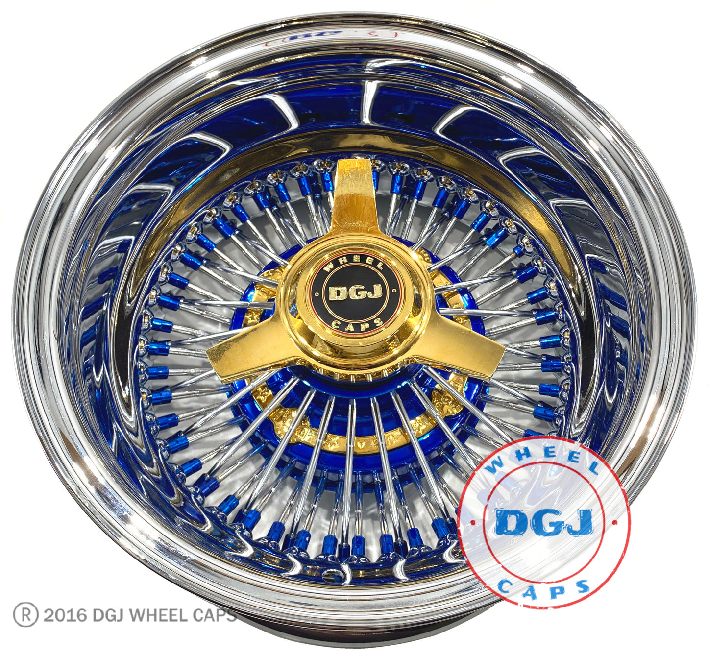 DGJ 14x7 Rev 72 Straight Candy Blue Nip+Hub & Gold Hub Ring Lowrider Wire Wheels