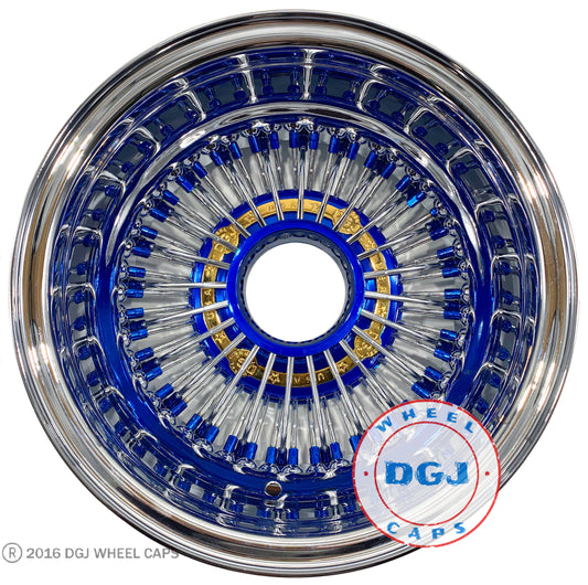 Lowrider Wire Wheels DGJ Wheel Caps DGJ 13x7 Rev 72 Straight Candy Blue Nip+Hub & Gold Hub Ring Lowrider Wire Wheels