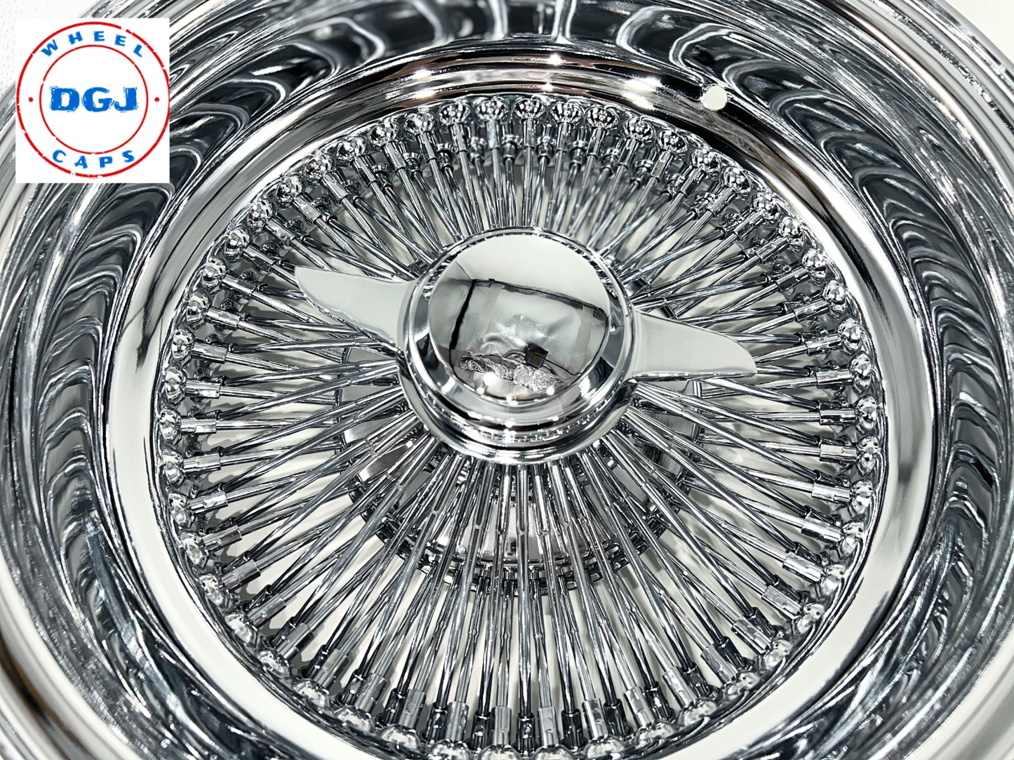 Lowrider Wire Wheels DGJ Wheel Caps 15x7 Rev 100 Spokes Chrome Lowrider Wire Wheel Rims