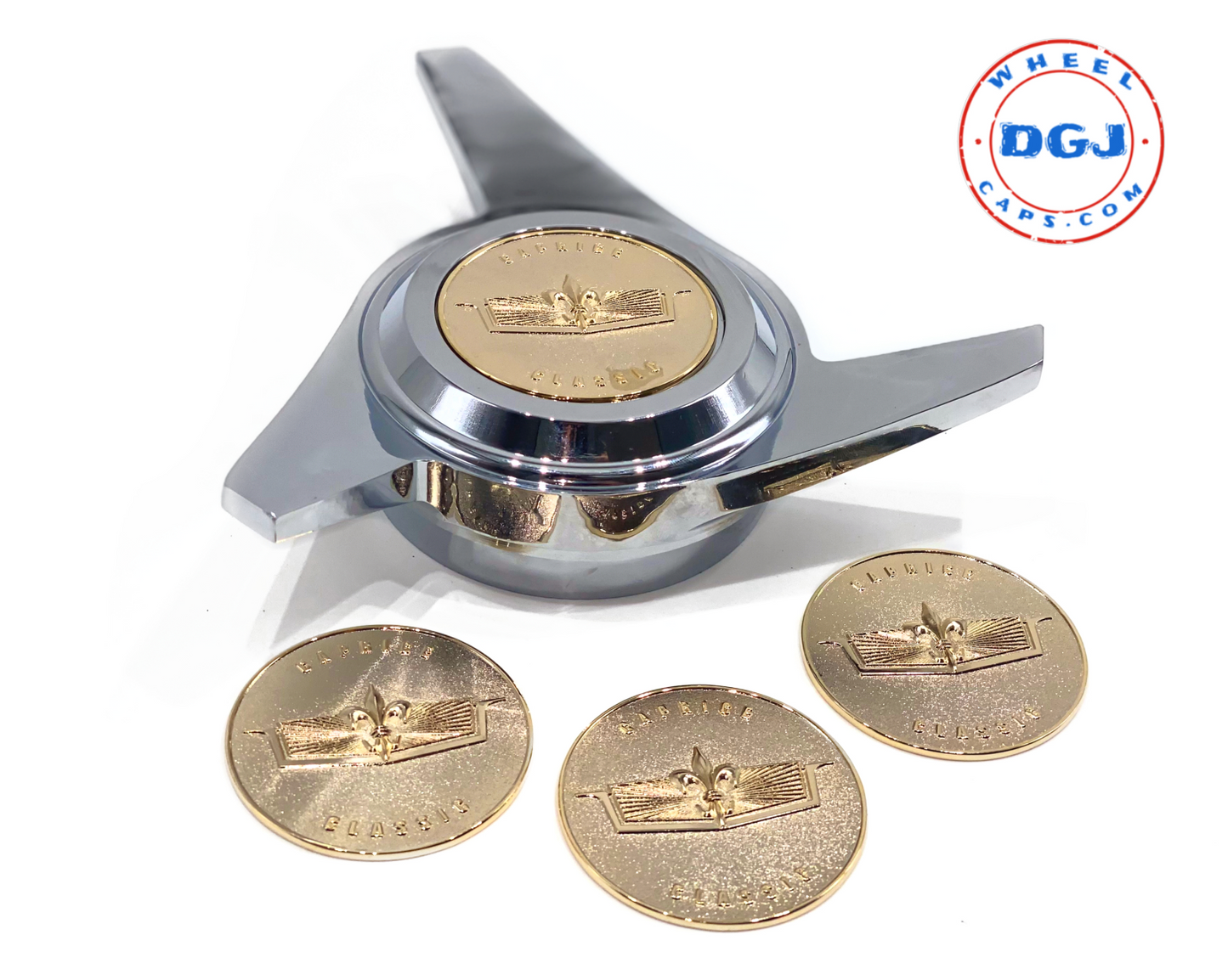 Caprice Gold Lowrider Wire Wheel Knock-Off Metal Chips Emblems Size 2.25
