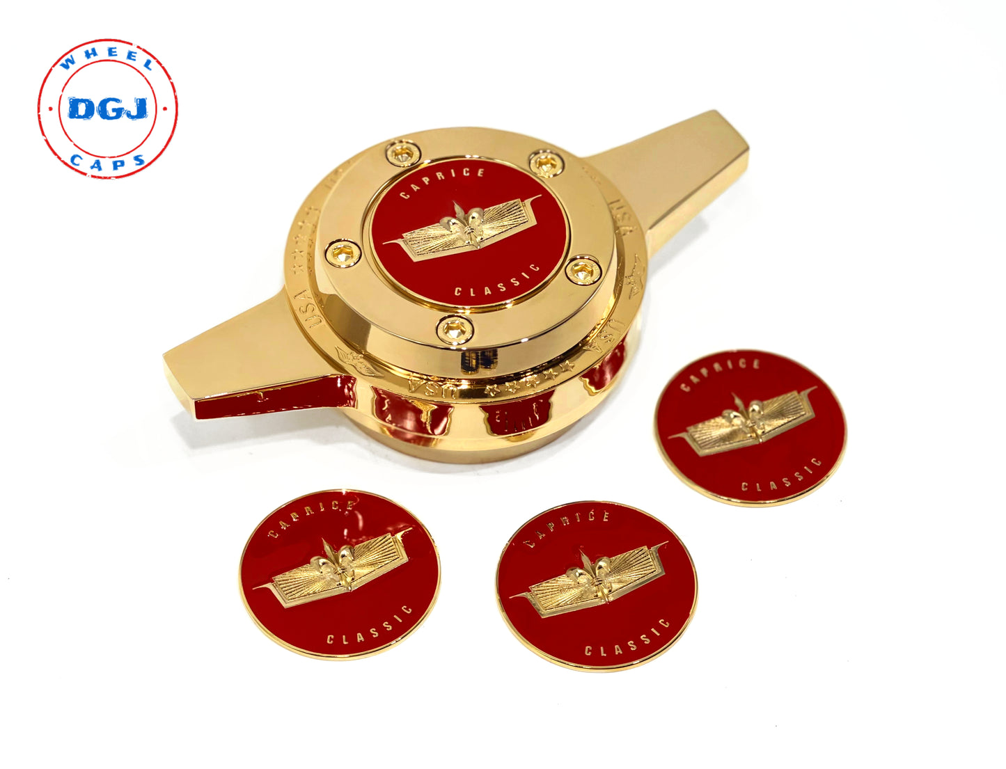 Caprice Gold Lowrider Wire Wheel Knock-Off Metal Chips Emblems Size 2.25