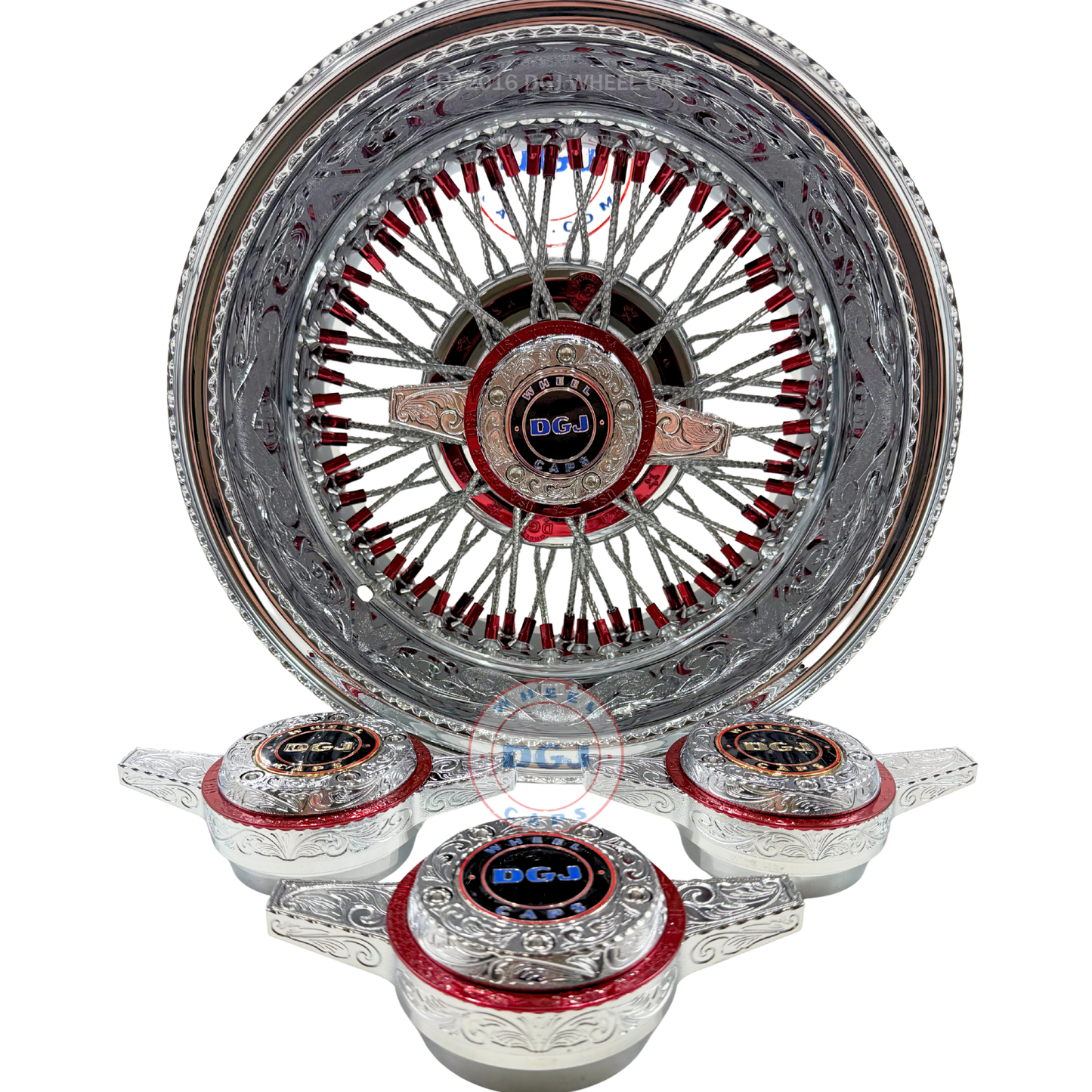 DGJ 14x7 Rev 72 CL Dmnd Spokes Engraved Candy Red & Chrome Lowrider Wire Wheels