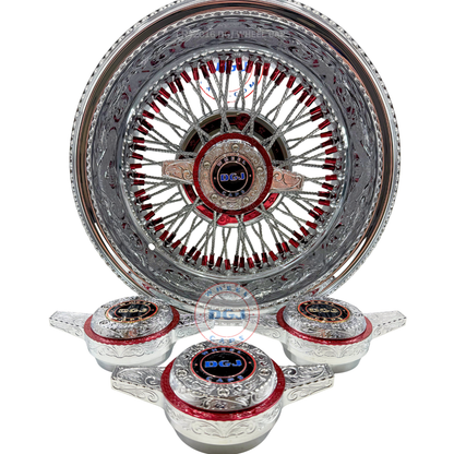 DGJ 14x7 Rev 72 CL Dmnd Spokes Engraved Candy Red & Chrome Lowrider Wire Wheels
