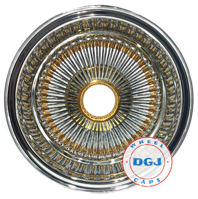 14s Rev 100 Spoke Chrome Lowrider Wire Wheel Rims w/Gold Nipples, Hub & Knockoff