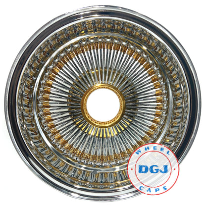 14s Rev 100 Spoke Chrome Lowrider Wire Wheel Rims w/Gold Nipples, Hub & Knockoff