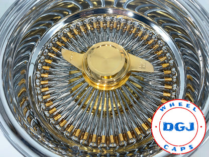 14s Rev 100 Spoke Chrome Lowrider Wire Wheel Rims w/Gold Nipples, Hub & Knockoff