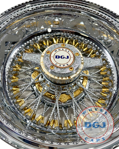 DGJ 14x7 Rev 72 Cross Lace Engraved + Gold Nip+Hub Ring Wire Wheel Rims