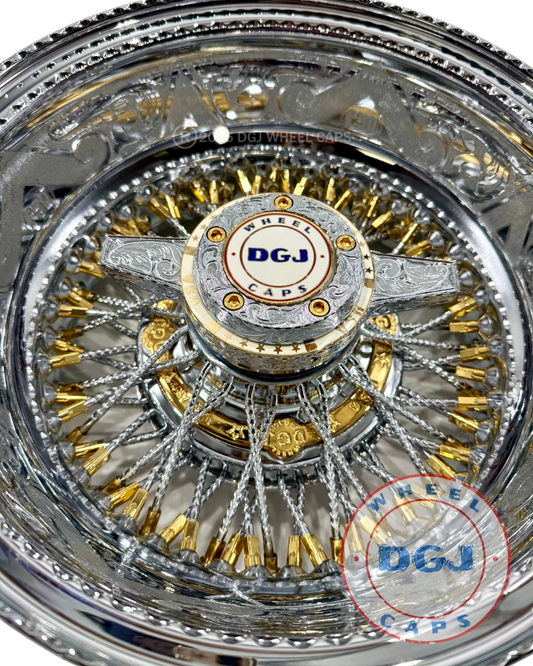 DGJ 13x7 Rev 72 Cross Lace Engraved + Gold Nip+Hub Ring Wire Wheel Rims
