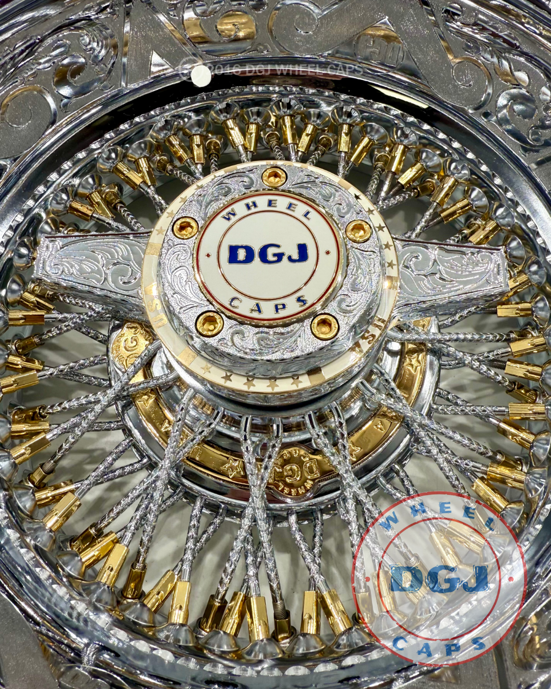 DGJ 14x7 Rev 72 Cross Lace Engraved + Gold Nip+Hub Ring Wire Wheel Rims