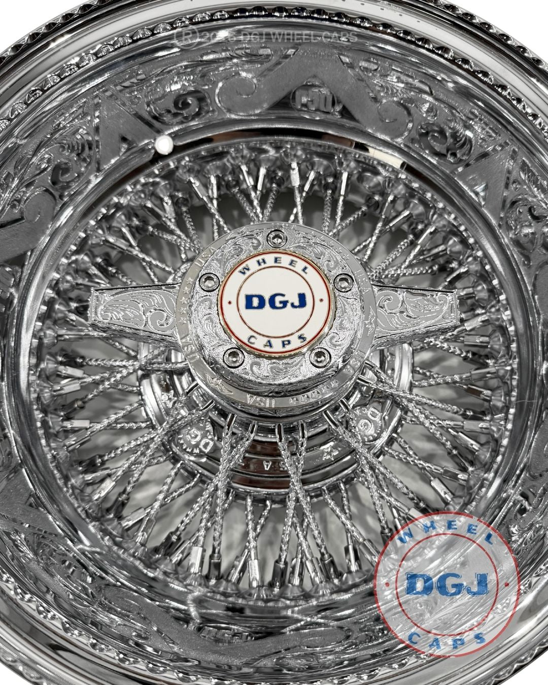 DGJ 13x7 Rev 72 CL Diamond Spokes Engraved All Chrome Lowrider Wire Wheel Rims