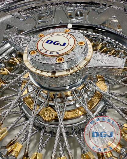 DGJ 14x7 Rev 72 Cross Lace Engraved + Gold Nip+Hub Ring Wire Wheel Rims