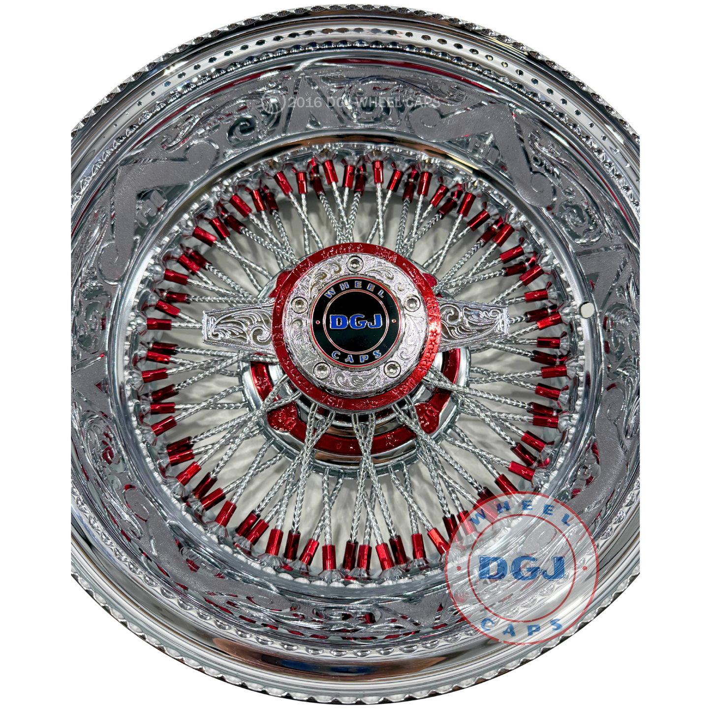 DGJ 14x7 Rev 72 CL Dmnd Spokes Engraved Candy Red & Chrome Lowrider Wire Wheels