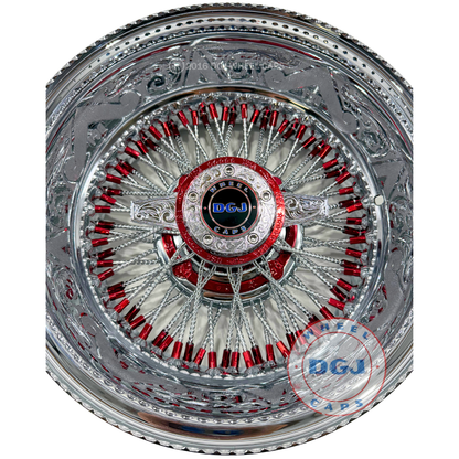 DGJ 14x7 Rev 72 CL Dmnd Spokes Engraved Candy Red & Chrome Lowrider Wire Wheels
