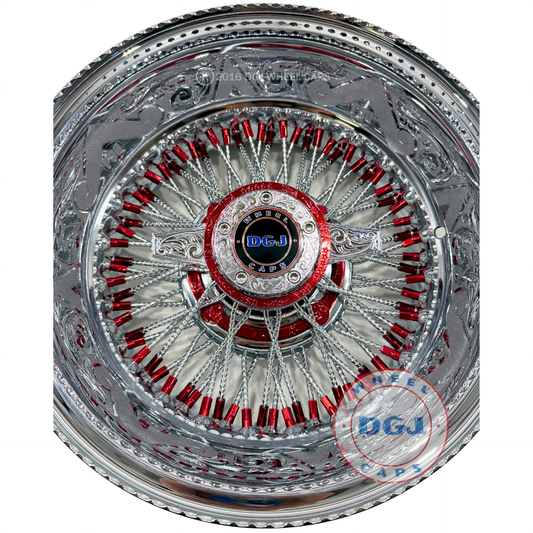 DGJ 14x7 Rev 72 CL Dmnd Spokes Engraved Candy Red & Chrome Lowrider Wire Wheels