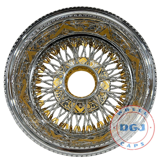 DGJ 13x7 Two Tone Engraved Rev 72 Cross Lace Diamond Spokes Lowrider Wire Wheels