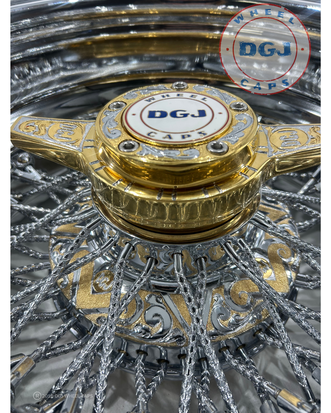 DGJ 13x7 Engraved Two-Tone Hub Rev 72 Cross Lace Diamond Spokes Wire Wheel Rims