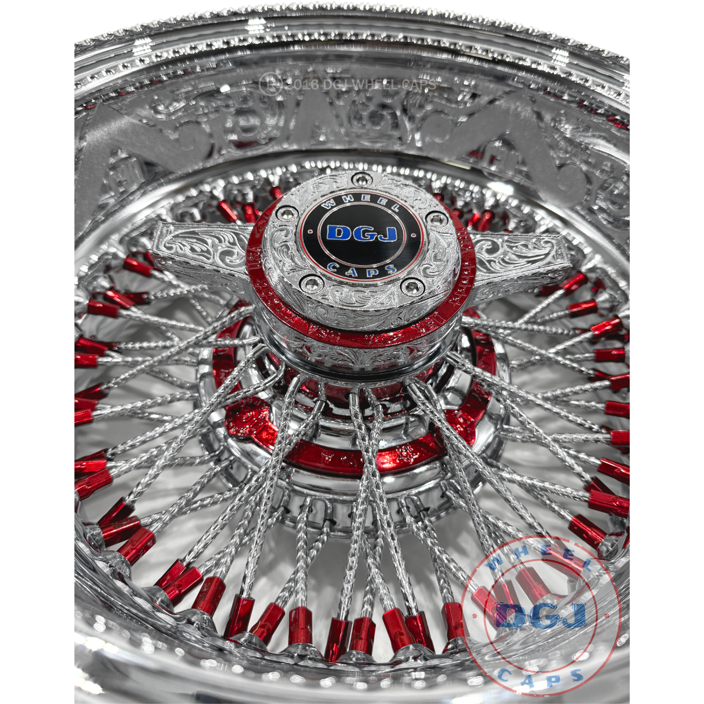 DGJ 14x7 Rev 72 CL Dmnd Spokes Engraved Candy Red & Chrome Lowrider Wire Wheels