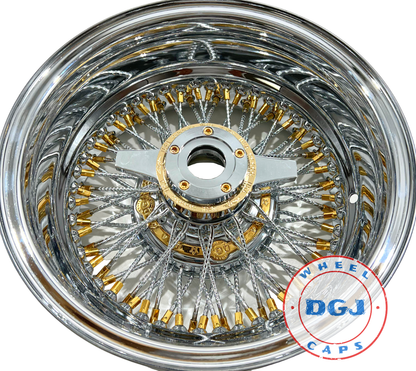 DGJ WHEELS 14x7 Rev 72 Diamond Spokes Gold Nip+Hub Ring Lowrider Wire Wheels
