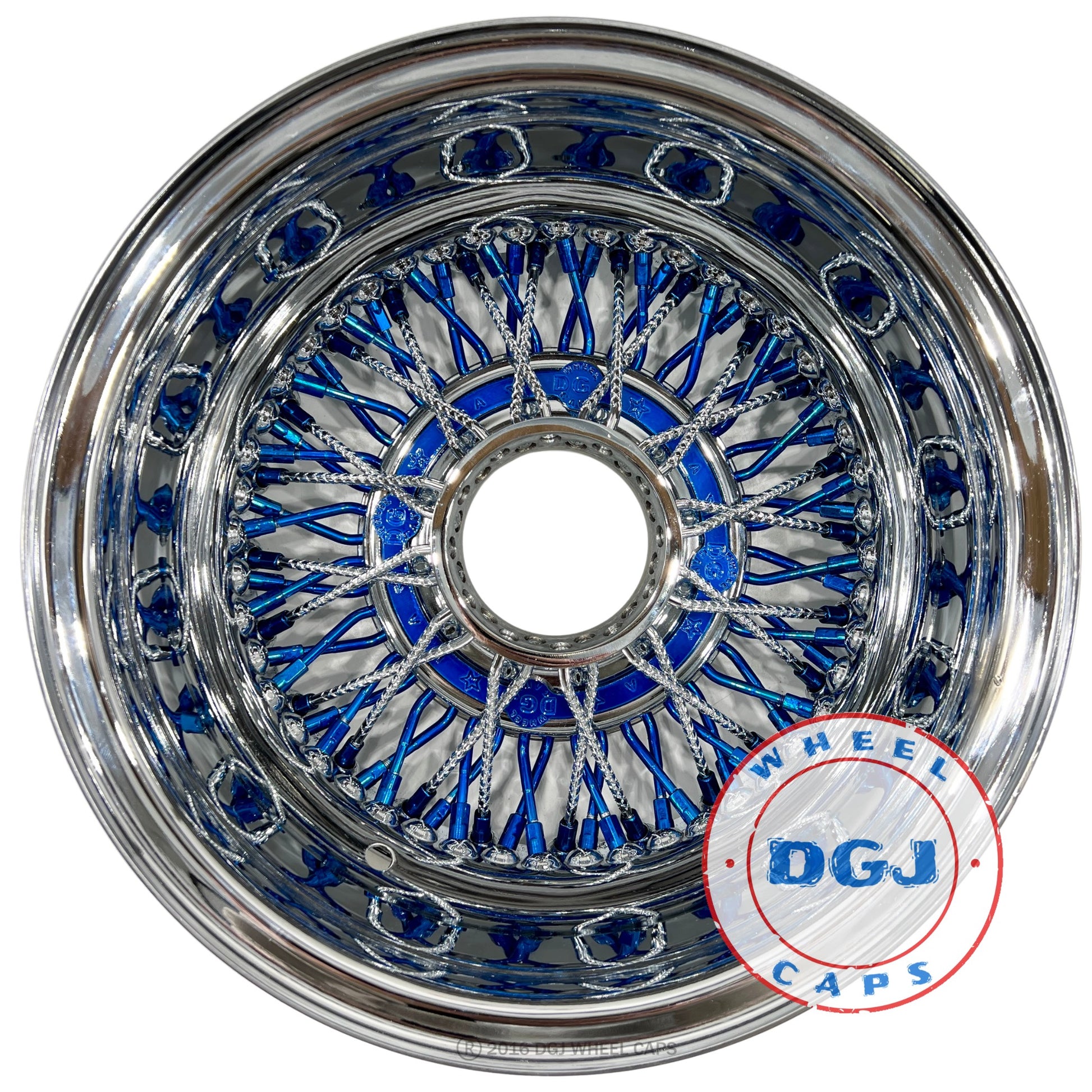 Lowrider Wire Wheels DGJ Wheel Caps DGJ 13x7 Rev 72 CL Diamond & Candy Blue Spokes, Nip & HR Lowrider Wire Wheels