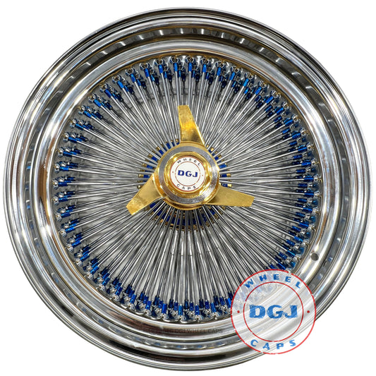DGJ WHEELS 20x8 STD 150 Spoke Blue Nip+Hub Ring & Gold Hub Lowrider Wire Wheels