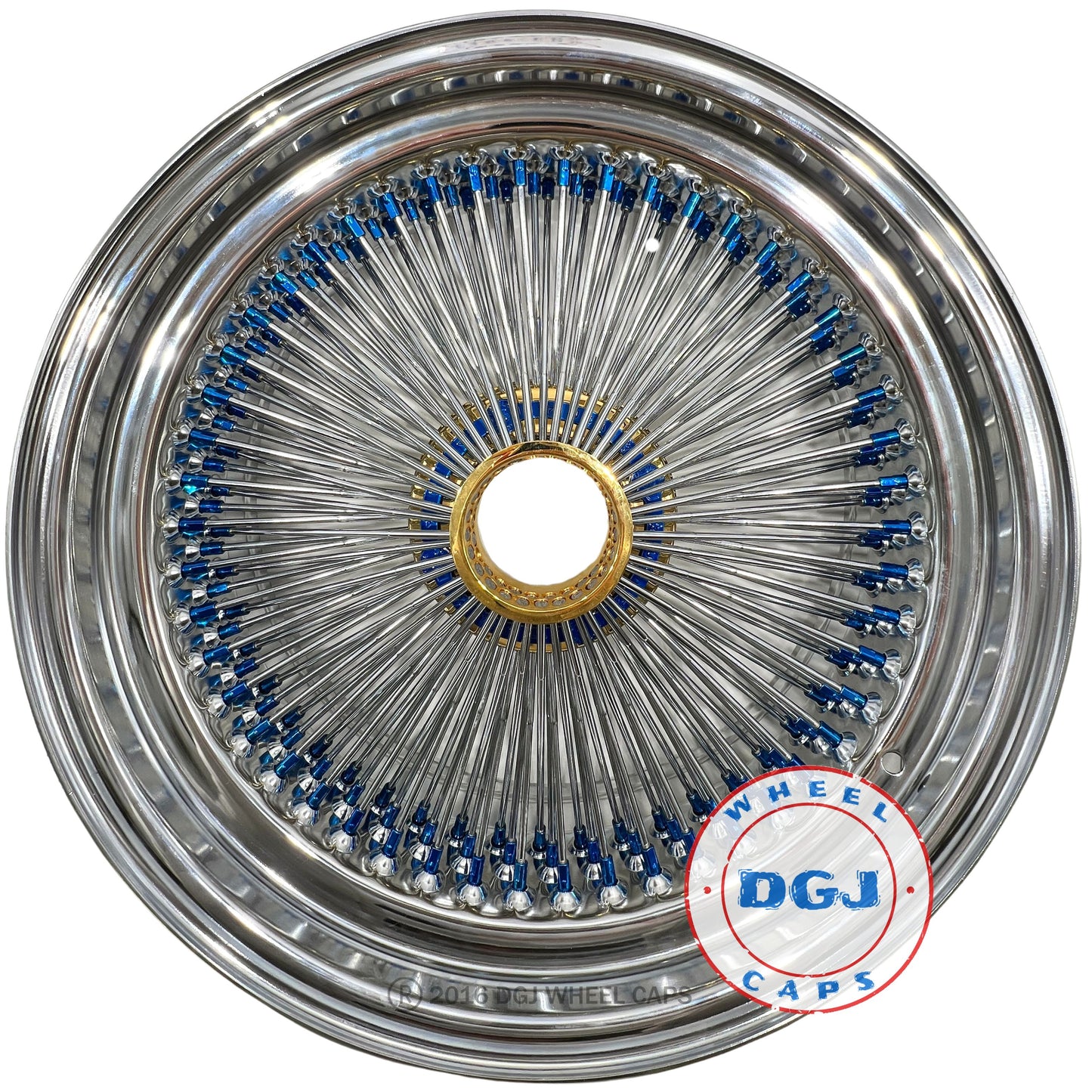 DGJ WHEELS 20x8 STD 150 Spoke Blue Nip+Hub Ring & Gold Hub Lowrider Wire Wheels